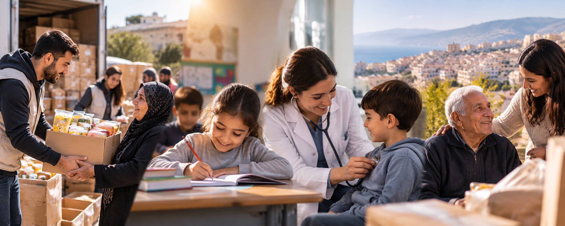 Volunteers provide food aid to vulnerable families, a young girl studies, a healthcare professional examines a child, and community members offer care and support to an elderly man in Lebanon.